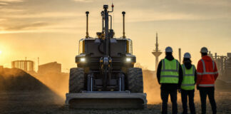 Baumaschine auf Testgelände, daneben Rückenfiguren im Sonnenlicht