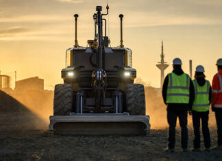 DER STARTUP AWARD DER BAUMASCHINENINDUSTRIE Baumaschine auf Testgelände, daneben Rückenfiguren im Sonnenlicht