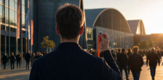 Person von hinten am Messeeingang mit Eintrittsband, im Hintergrund Festivalhallen und Besucher