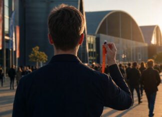 OMR – LETZTE CHANCE: JETZT TICKETS SICHERN! Person von hinten am Messeeingang mit Eintrittsband, im Hintergrund Festivalhallen und Besucher