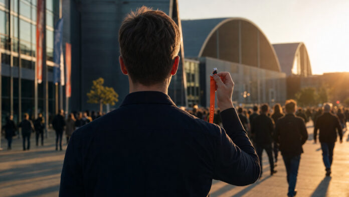 Letzte Chance OMR-Ticket Person von hinten am Messeeingang mit Eintrittsband, im Hintergrund Festivalhallen und Besucher