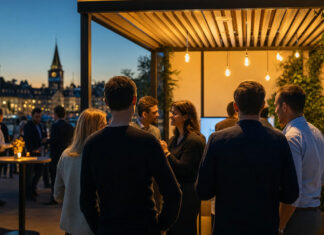 Start-up Night Zürich 2019 Gründerteam von hinten an einem Messe-Stand mit vielen Gästen in Zürich am Abend