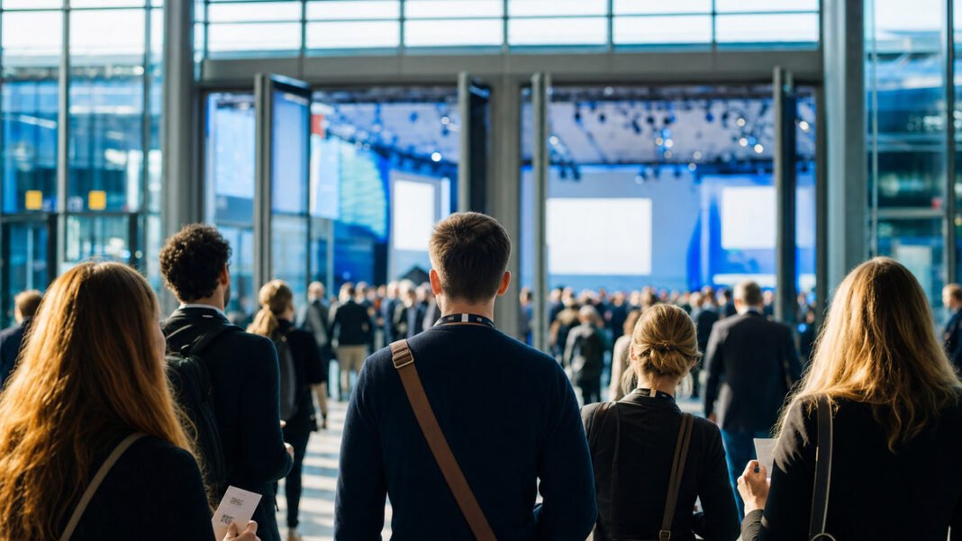 Großer Konferenzsaal in Berlin mit Bühne, leuchtenden Flächen und wartenden Besuchern von hinten