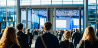 Großer Konferenzsaal in Berlin mit Bühne, leuchtenden Flächen und wartenden Besuchern von hinten