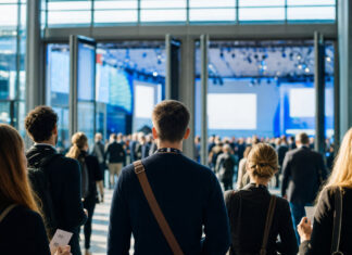 WeAreDevelopers in Berlin Großer Konferenzsaal in Berlin mit Bühne, leuchtenden Flächen und wartenden Besuchern von hinten