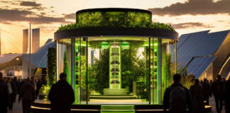 Grüne Technik-Installation auf einem Festivalgelände mit Silhouetten von Besuchern im Abendlicht