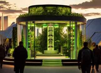 GREENTECH FESTIVAL GREENTECH EXHIBITION Grüne Technik-Installation auf einem Festivalgelände mit Silhouetten von Besuchern im Abendlicht