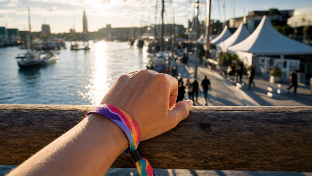 Waterkant Festival am Kieler Hafen Hand spannt ein Festivalarmband am Hafenkai, dahinter Zelte, Masten und Wasser im Sommerlicht.