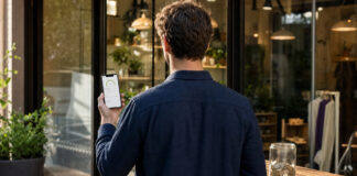 Gründer von hinten vor Ladenlokal mit Smartphone und Spendengefäß im Tageslicht