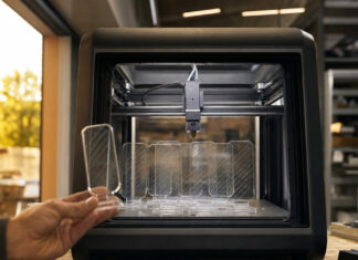Digitale Werbung – Deutschland auf Rank 6 , 75 Euro Werbeausgaben pro Kopf 3D-Drucker fertigt transparente Werbe-Displays, eine Hand prüft die Druckprobe im Seitenlicht.