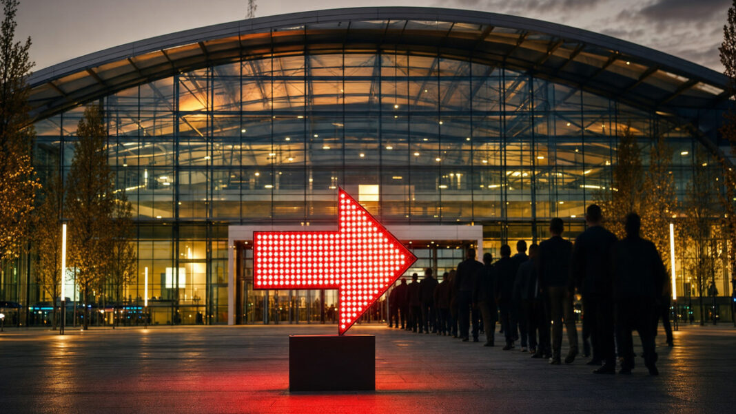 1E9 Tech-Konferenz München Roter LED-Pfeil vor einer modernen Eventhalle in München, davor Silhouetten von Konferenzbesuchern