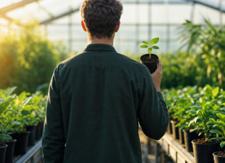 Starthilfe für grüne Start-ups KUER Businessplan Wettbewerb beginnt am 1. Juni Gründer von hinten mit Setzling zwischen jungen Pflanzen im Gewächshaus