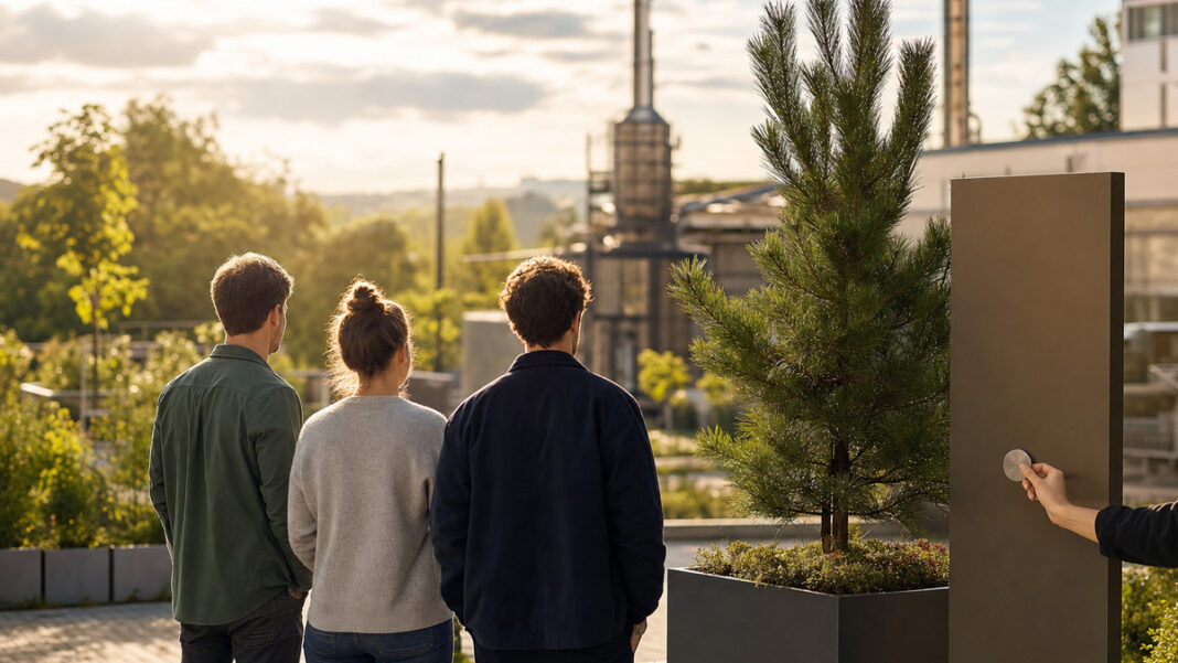 Gründerteam neben frisch gepflanzter Kiefer auf einem Industriehof in NRW