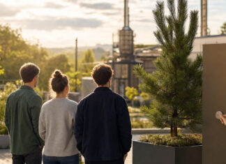 Jetzt anmelden bei KUER.NRW Gründerteam neben frisch gepflanzter Kiefer auf einem Industriehof in NRW