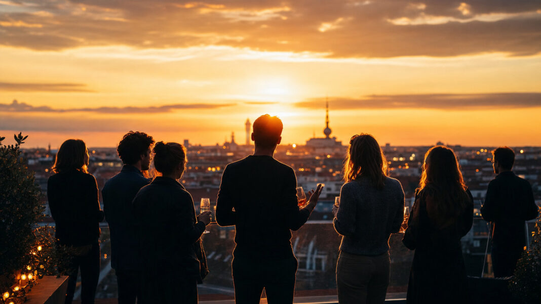 Sunset Networking Event Gründergruppe als Silhouetten auf einer Dachterrasse bei Sonnenuntergang mit Stadtblick