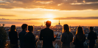 Gründergruppe als Silhouetten auf einer Dachterrasse bei Sonnenuntergang mit Stadtblick