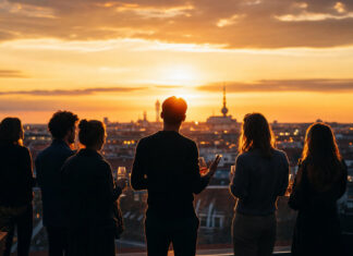 Gruenderfreunde: Sunset Networking Event Gründergruppe als Silhouetten auf einer Dachterrasse bei Sonnenuntergang mit Stadtblick