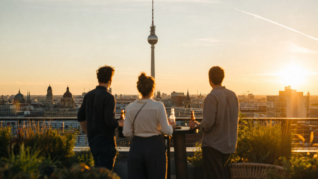 Gründer stehen auf einer Berliner Dachterrasse bei Sonnenuntergang mit Blick auf den Fernsehturm.