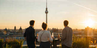 Gründer stehen auf einer Berliner Dachterrasse bei Sonnenuntergang mit Blick auf den Fernsehturm.