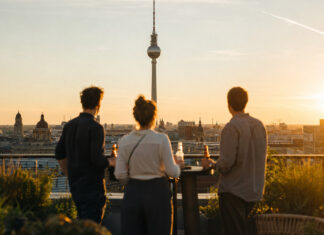Recap Gründerfreunde Sunset Networking Event Gründer stehen auf einer Berliner Dachterrasse bei Sonnenuntergang mit Blick auf den Fernsehturm.