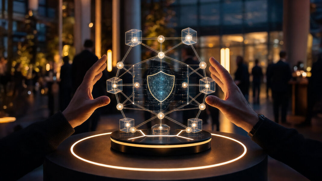Hub Night Cybersecurity Gläsernes Netzwerkmodell auf einem Eventtisch, umgeben von Händen in einer modernen Veranstaltungslocation.