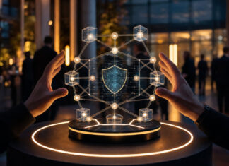 Digital Hub Cybersecurity veranstaltet die 9. Hub Night Gläsernes Netzwerkmodell auf einem Eventtisch, umgeben von Händen in einer modernen Veranstaltungslocation.