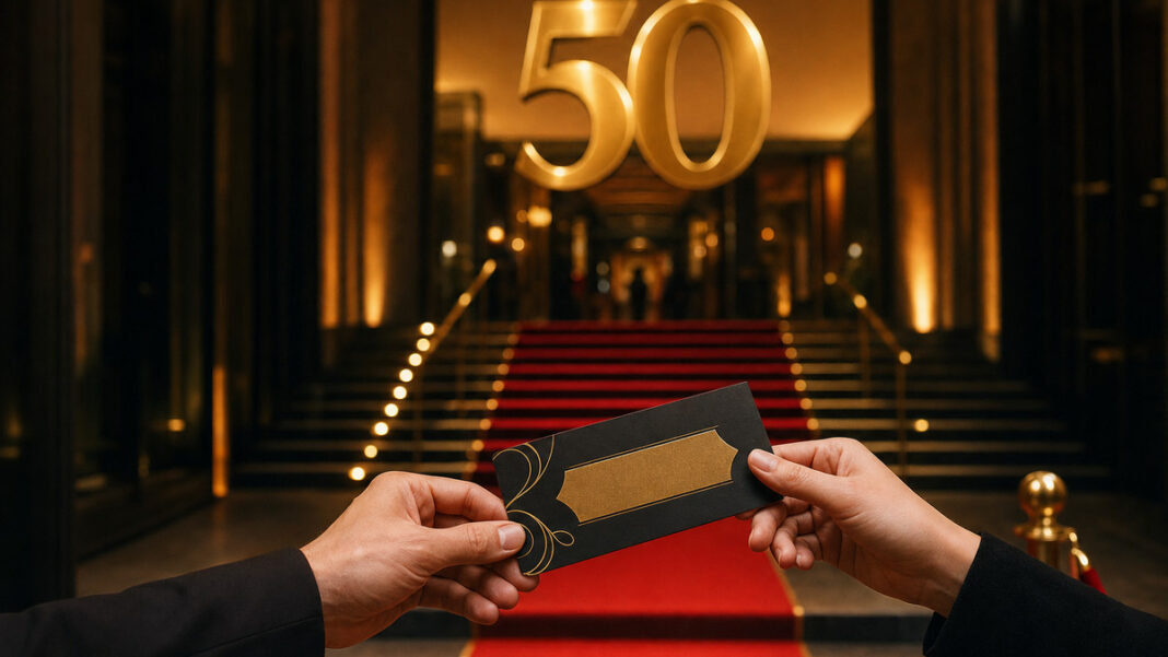 Eventtreppe mit rotem Teppich, goldener 50-Dekoration und einer Hand mit Einlassticket