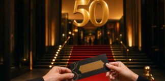 Eventtreppe mit rotem Teppich, goldener 50-Dekoration und einer Hand mit Einlassticket
