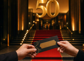 Gründerszene Spätschicht Birthday Edition Eventtreppe mit rotem Teppich, goldener 50-Dekoration und einer Hand mit Einlassticket