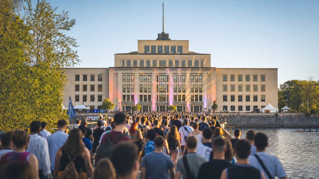 Tech Open Air im Berliner Funkhaus Berliner Funkhaus am Spreeufer mit Besucherstrom beim Tech-Festival