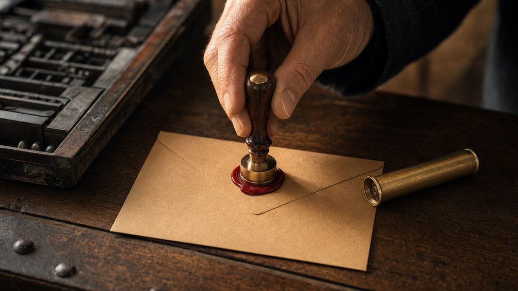 Hand mit Messingstempel auf Briefumschlag mit rotem Siegelwachs in warmer Druckerei