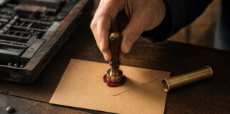Hand mit Messingstempel auf Briefumschlag mit rotem Siegelwachs in warmer Druckerei