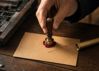 Wie schreibe ich eine gute Pressemitteilung – ganz alleine? Hand mit Messingstempel auf Briefumschlag mit rotem Siegelwachs in warmer Druckerei