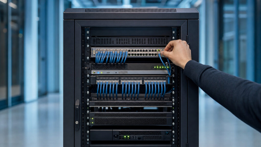 Serverupgrade bei steigenden Besucherzahlen Serverrack im Rechenzentrum, eine Hand steckt ein Netzwerkkabel ein, Statuslichter leuchten.