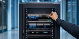 Serverrack im Rechenzentrum, eine Hand steckt ein Netzwerkkabel ein, Statuslichter leuchten.