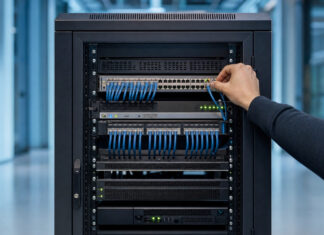Ausgaben für digitale Nachrichten Angebote weiter gering Serverrack im Rechenzentrum, eine Hand steckt ein Netzwerkkabel ein, Statuslichter leuchten.
