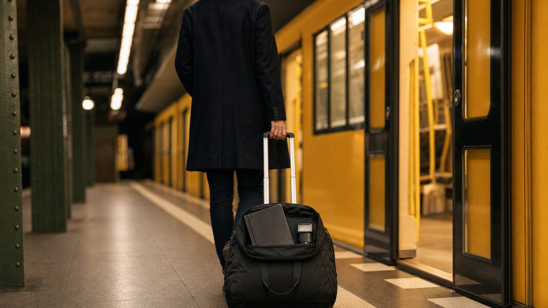 Berlin-Event-Aufbruch Reisebeutel auf einem Bahnsteig vor offener U-Bahn-Tür, Person von hinten im Aufbruch