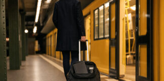 Reisebeutel auf einem Bahnsteig vor offener U-Bahn-Tür, Person von hinten im Aufbruch