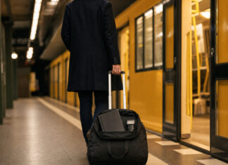 Reisebeutel auf einem Bahnsteig vor offener U-Bahn-Tür, Person von hinten im Aufbruch