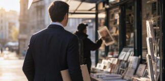 Gründer am Zeitungsstand mit Presseordner, im Hintergrund ein Kurier mit Zeitung