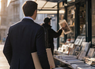Gründer am Zeitungsstand mit Presseordner, im Hintergrund ein Kurier mit Zeitung