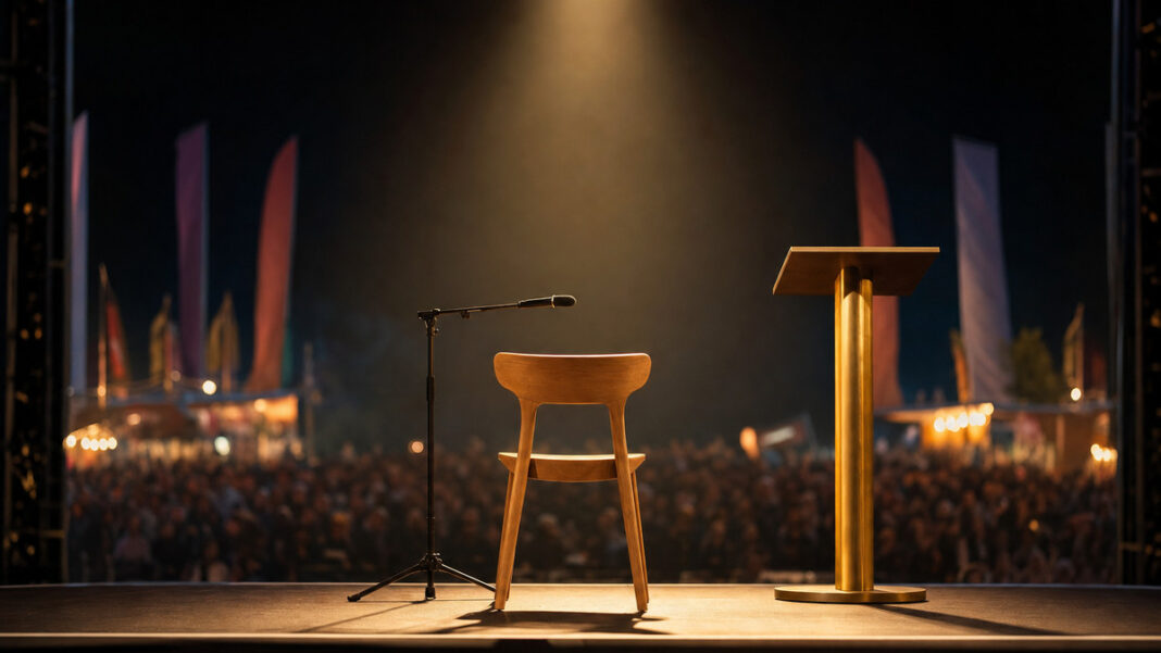 Leerer Holzstuhl mit Mikrofon auf einer Festivalbühne im warmen Licht