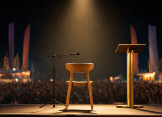Leerer Holzstuhl mit Mikrofon auf einer Festivalbühne im warmen Licht