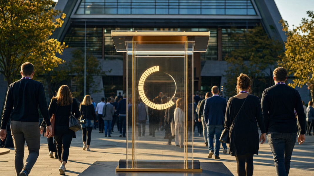Besucher gehen von hinten auf den Eingang der Leuphana Universität zu; davor steht ein transparentes Event-Pult.