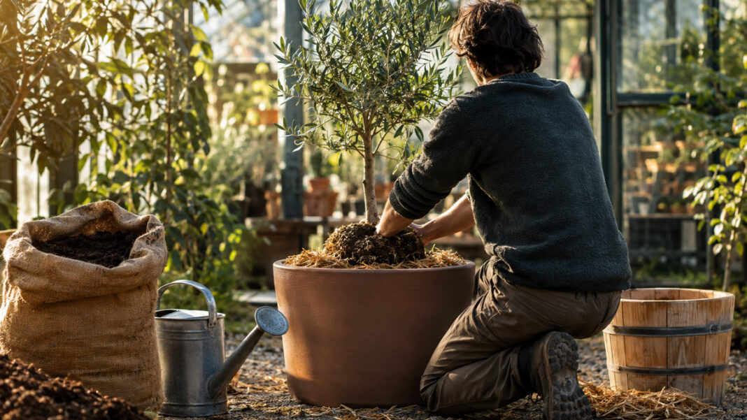 Nachhaltig ausrichten Gründer topft einen jungen Baum in nachhaltige Erde um, daneben Mulch und Gießkanne im Morgenlicht.