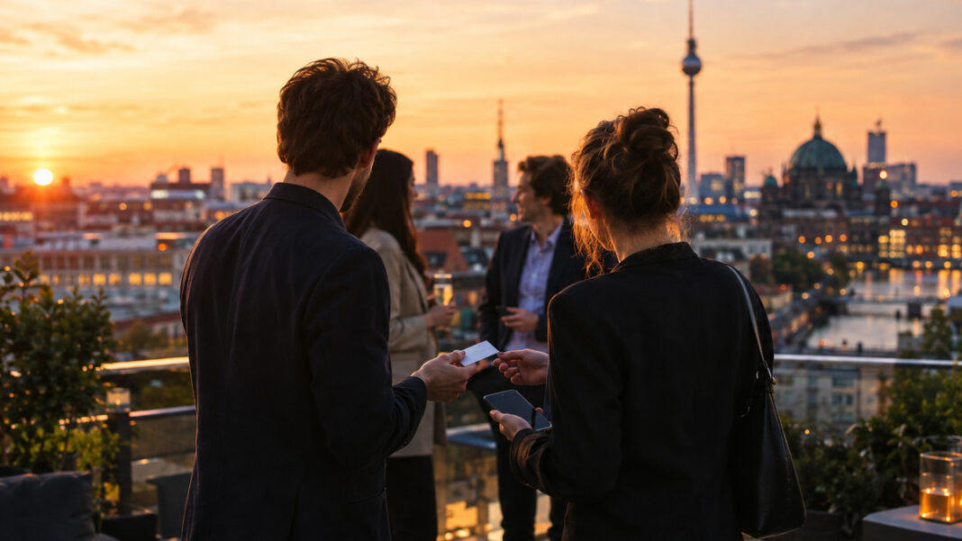 Gründerterrasse Networking auf dem Rooftop Gründer tauschen auf einer Dachterrasse in Berlin Karten und Smartphone aus