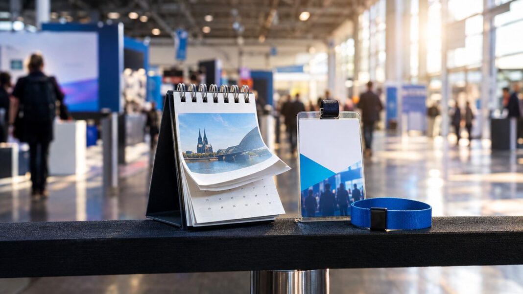 Countdown zur StartupCon Countdown-Kalender neben Event-Badge und Einlassarmband vor Messeabsperrung