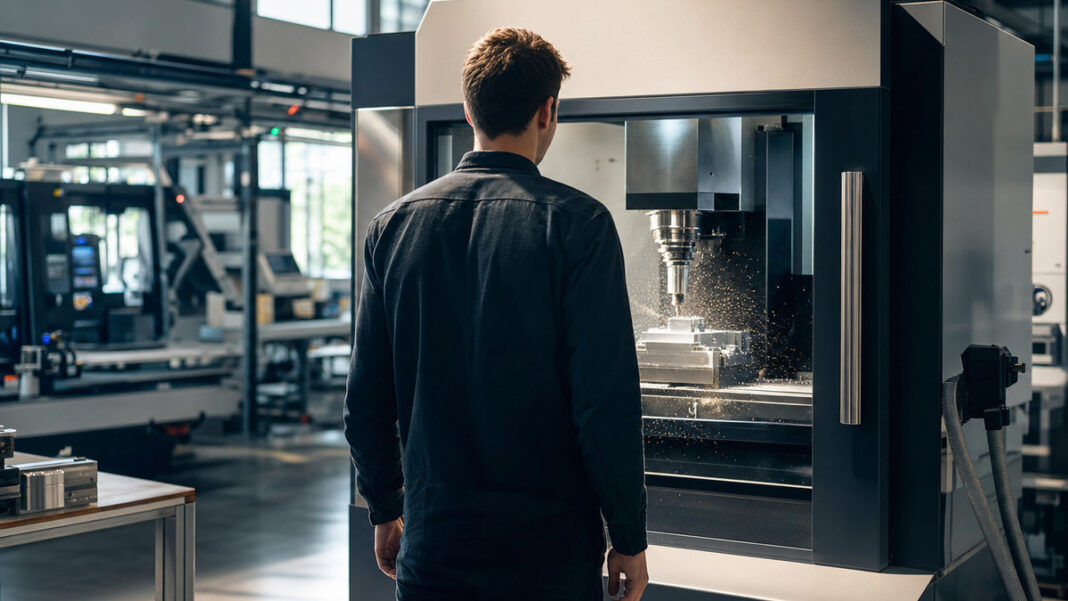 Digitale Transformation im Startup Gründer von hinten vor einer CNC-Fräse in einer hellen Werkhalle