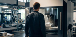 Gründer von hinten vor einer CNC-Fräse in einer hellen Werkhalle