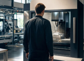 Gründer von hinten vor einer CNC-Fräse in einer hellen Werkhalle